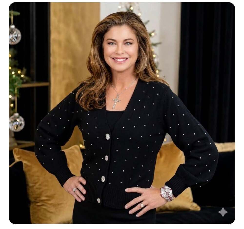 kathy ireland Black Rhinestone Embellished V-Neck Knit Cardigan set Size M 2pc